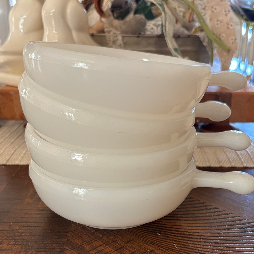 4 Vintage Glasbake White Milk Glass Soup Bowls with Handles 11oz